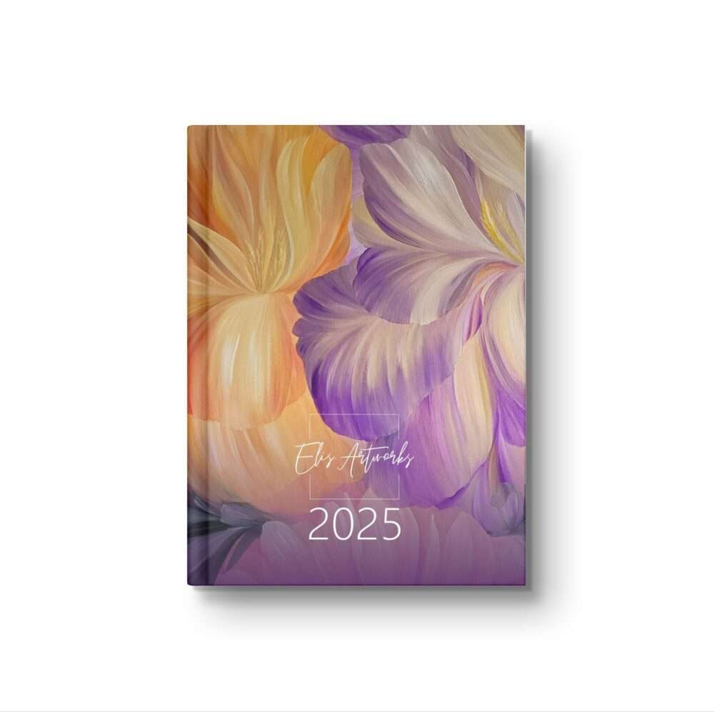 Skaists 2025. gada plānotājs ar ziedu gleznām